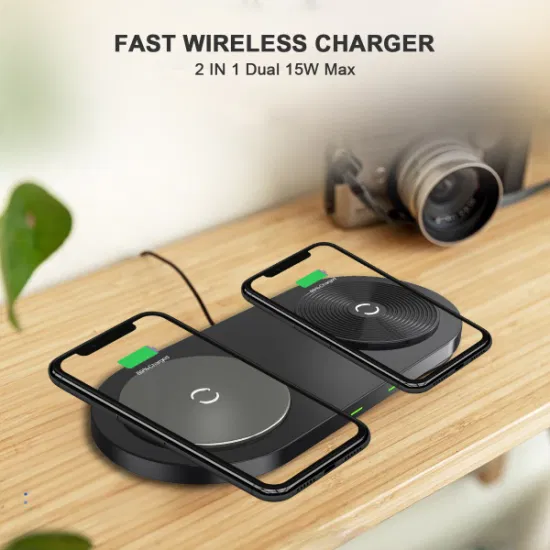 2 in 1 Hot Selling Qi Certificate Dual Coil Fast Charging 15W Portable Fast Wireless Charger Pad Smart Desktop Qi Wireless Charger