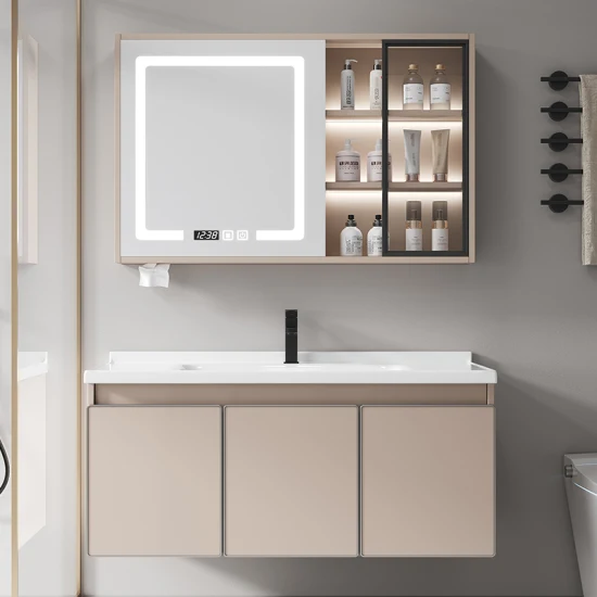 Made in China Solid Wooden Bathroom Vanity Cabinet with Ceramic Countertop Art Wash Basin LED Mirror Cabinet