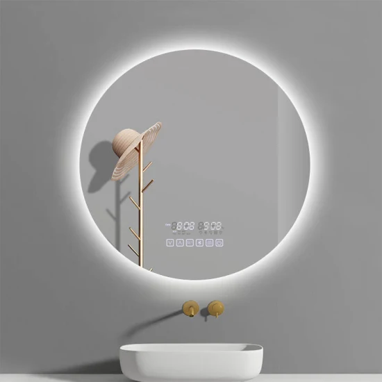 Antifog Round LED Bathroom Mirror Hotel Backlit LED Light Mirror with Digital Clock